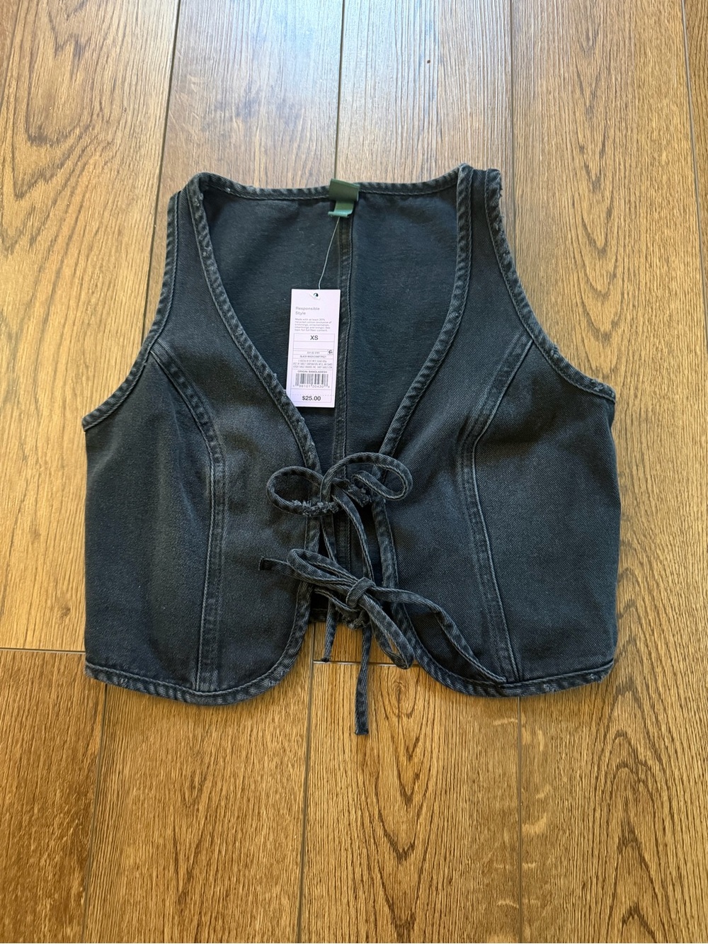 wild fable Black Denim Vest with Lace-Up Detail